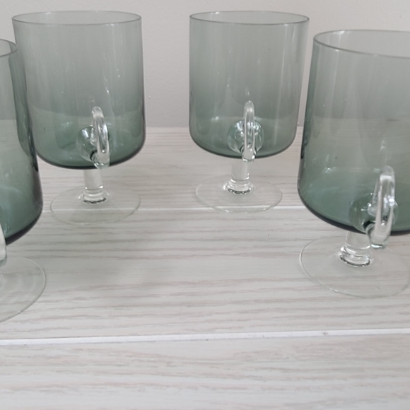 Vintage Hand Blown Smokey Glasses Footed Applied Handles - Picture 4 of 11